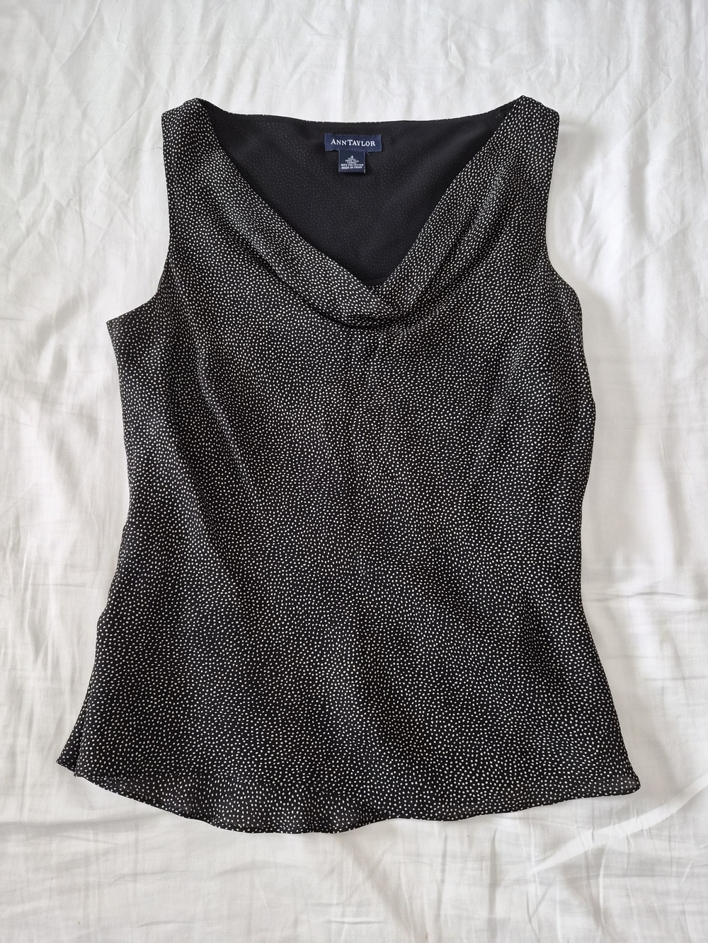 Ann Taylor Black & White Dotted Draped Neck Sleeveless Top 100% Silk